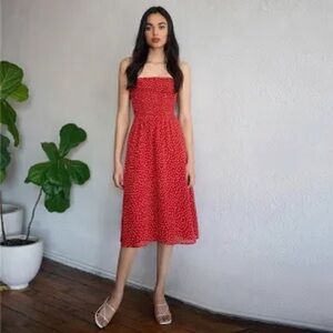 Reformation Sable Midi Dress Smocked Bust Tie Spaghetti Straps in Red Polka Dot
